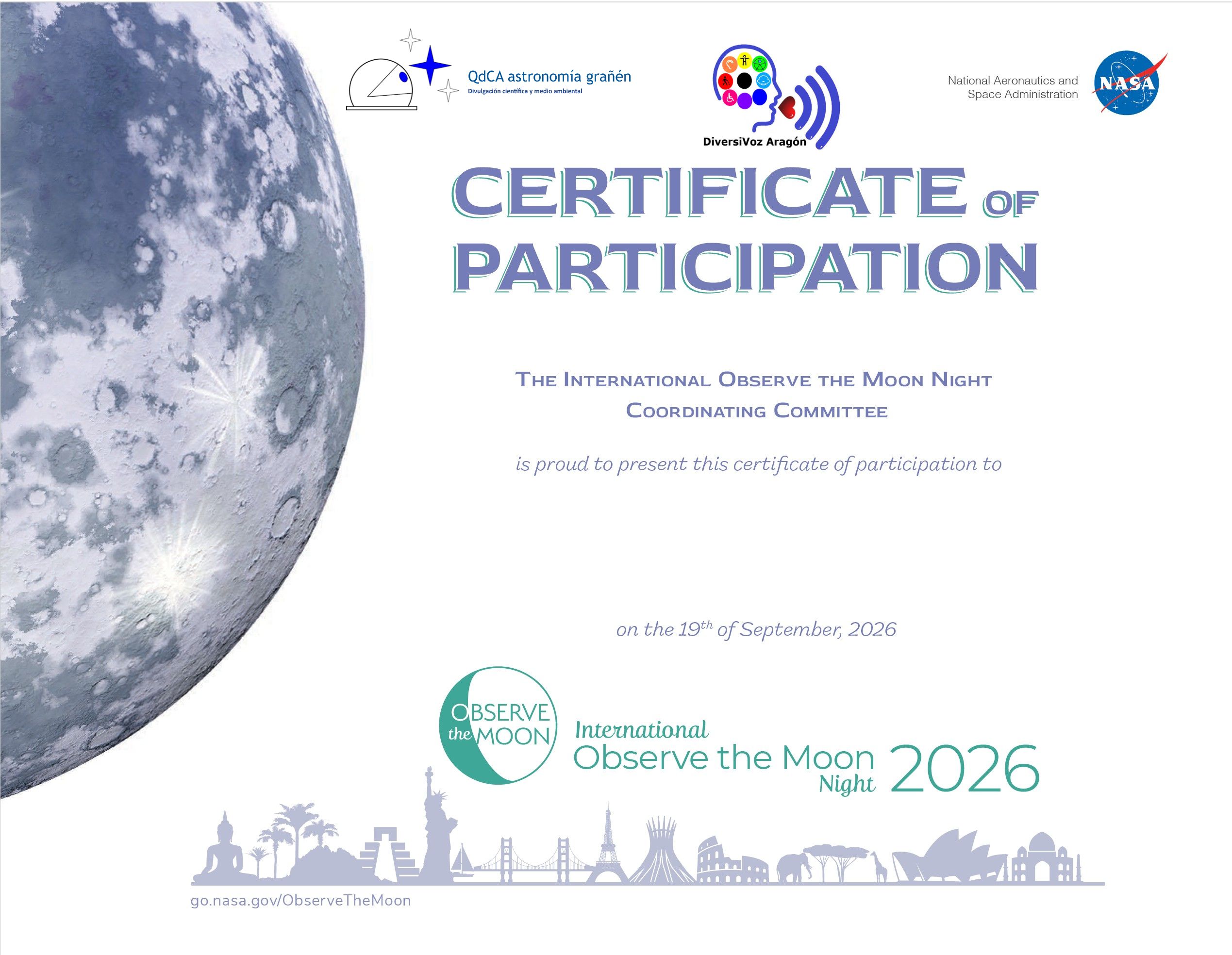 Certificado de Participación de "La Noche Internacional de Observación de la Luna"